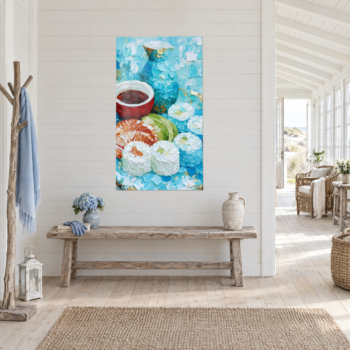 Wall art of white-coated sushi rolls, lagoon-blue carafe and orange salmon, three-quarter view on a wall of white wooden slats