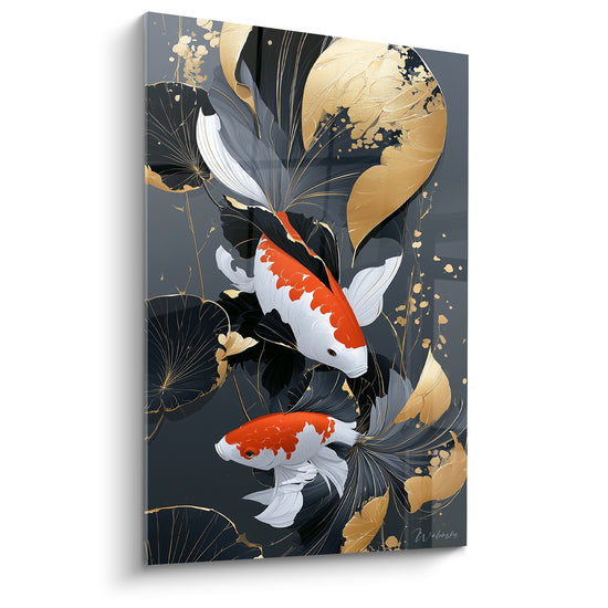 Tableau Carpes koï orange et noir doré - Danse aquatique nocturne - Edition Sushi