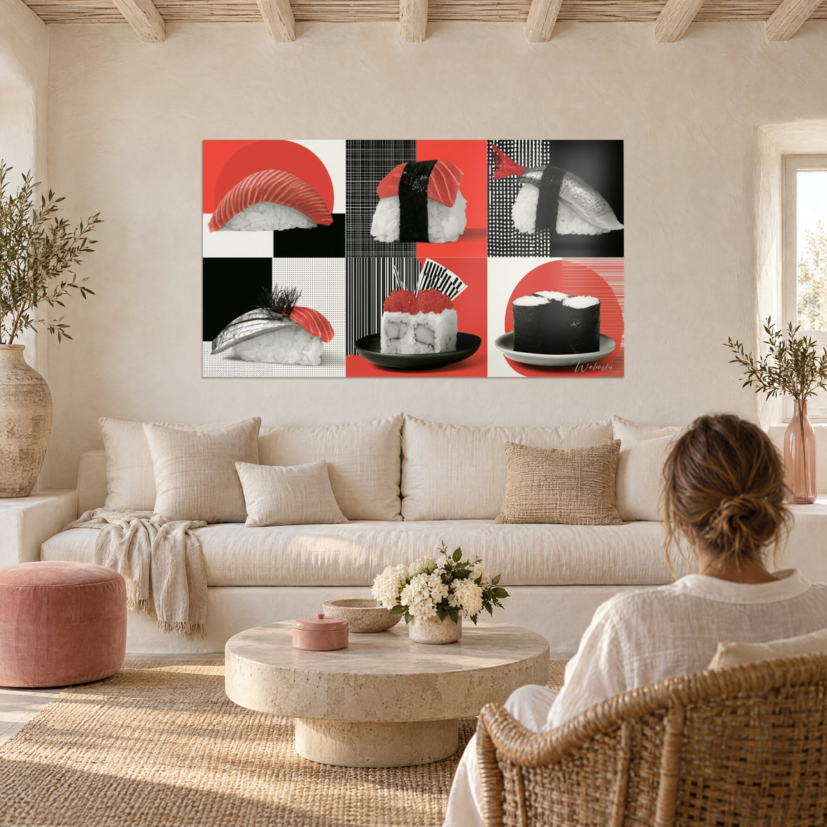 Schilderij mozaïek van rode en zwarte nigiri, scharlakenrode tonijn op witte rijst en grafische achtergrond, boven een bank in een lichte woonkamer