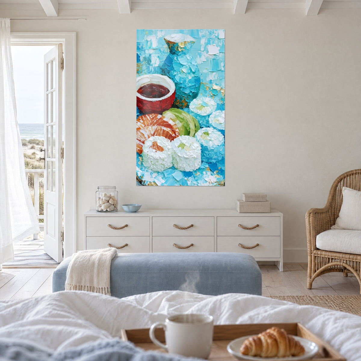 Wall art of a plate of thick-dough sushi, orange salmon and green avocado, scarlet bowl, above a bed in a light bedroom