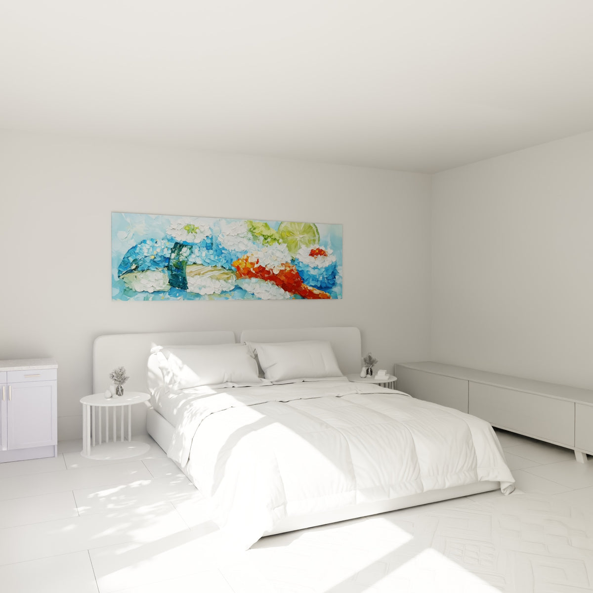 Composition de sushis turquoise et orange au couteau, au-dessus d'un lit dans une chambre claire