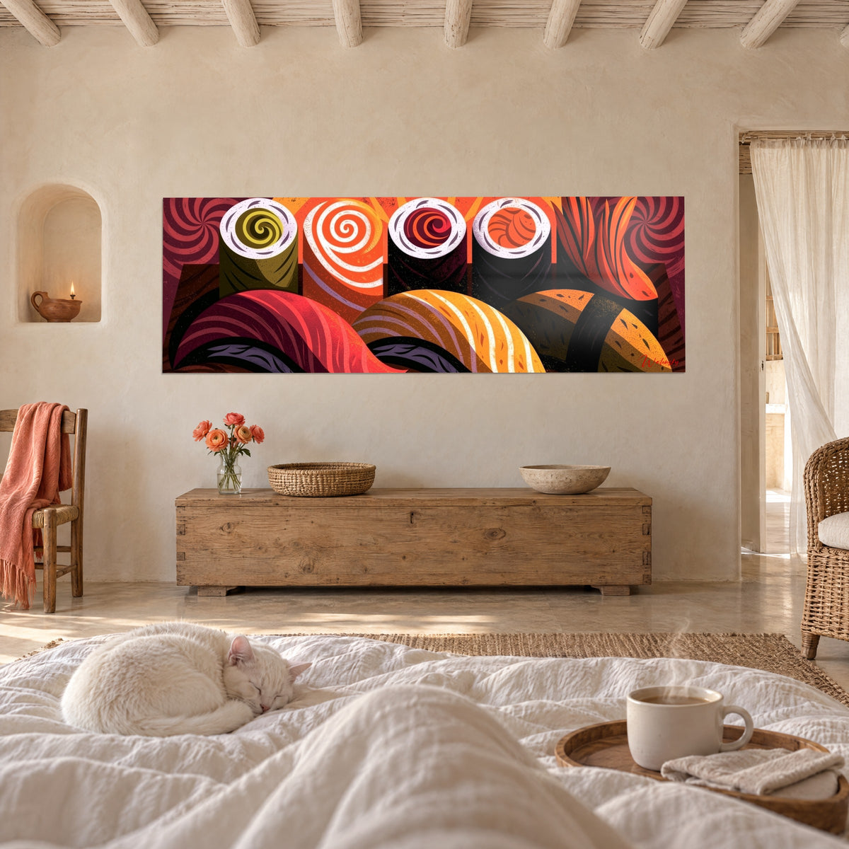 Wall art nigiri and maki with orange, red and black swirls, white cat lying on the bed, above a bed in a light bedroom