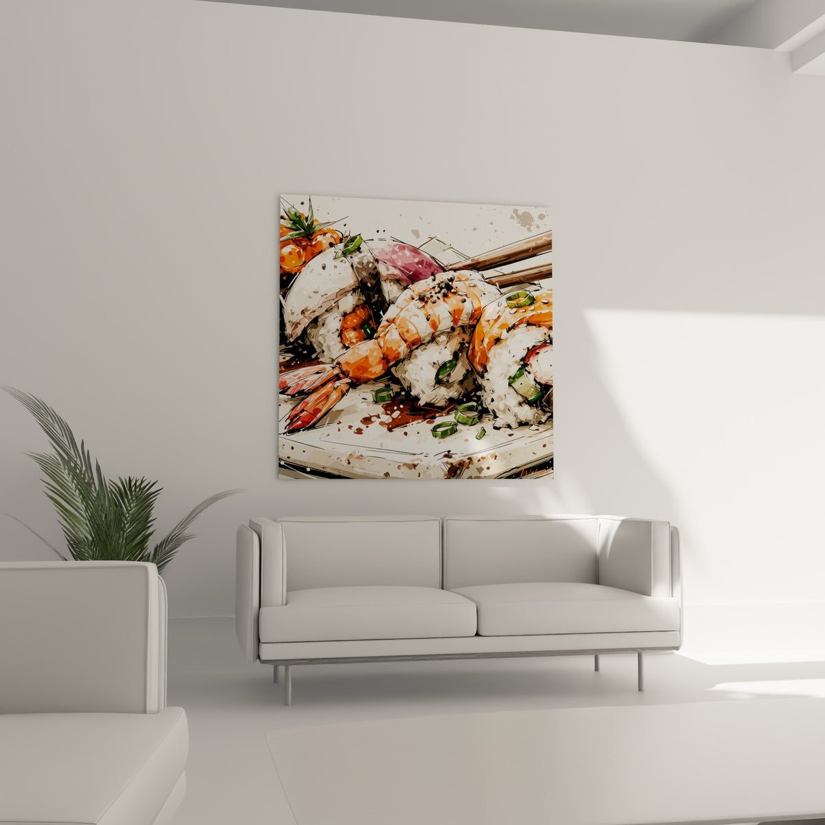 Plateau de sushi orange et blanc suspendu au-dessus d'un canapé dans un salon lumineux