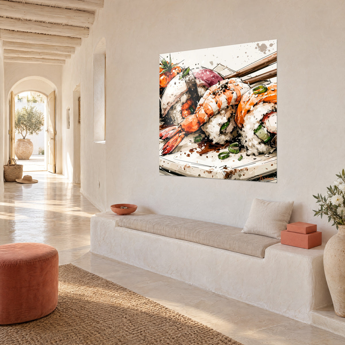Gemälde Sushi mit rosé-korallfarbener Garnele auf perlmuttartigem Reis, smaragdgrüne Schnittlauchakzente, Kalkwand eines mediterranen Hauses