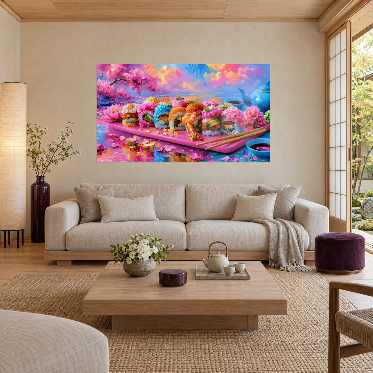 Quadro di vassoio di sushi fiorito in rosa e blu, teiera turchese e petali dorati, sopra un divano in un soggiorno luminoso