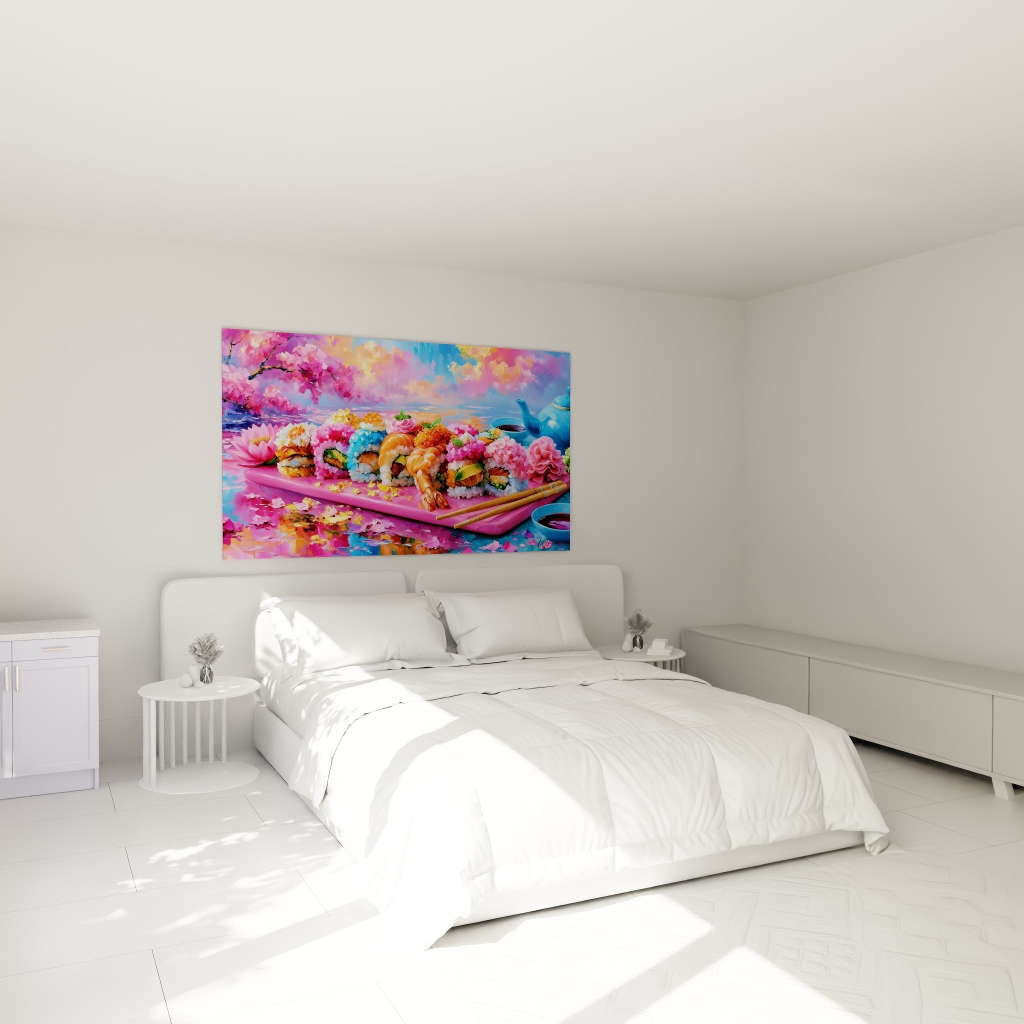 Sushis colorés rose et turquoise entourés de fleurs, accrochés au-dessus d'un lit dans une chambre claire
