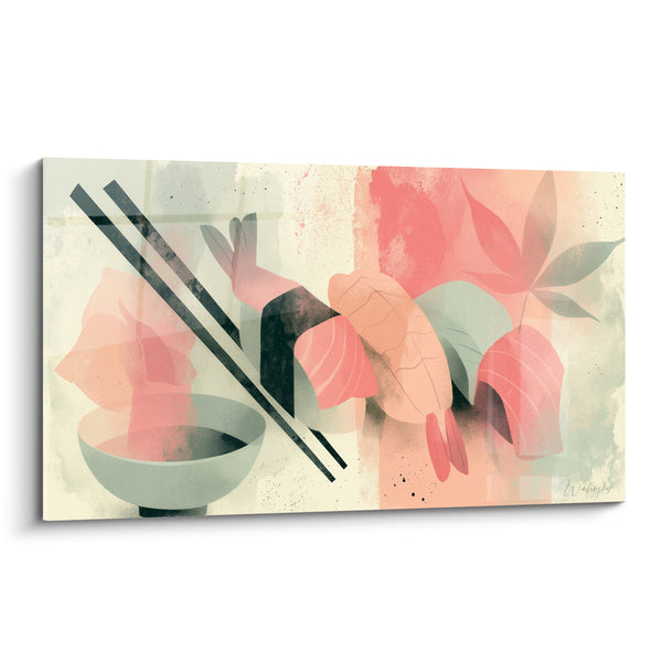 Tableau Nigiris saumon rose et vert pastel avec bol - Feuilles d'érable stylisées - Edition Sushi