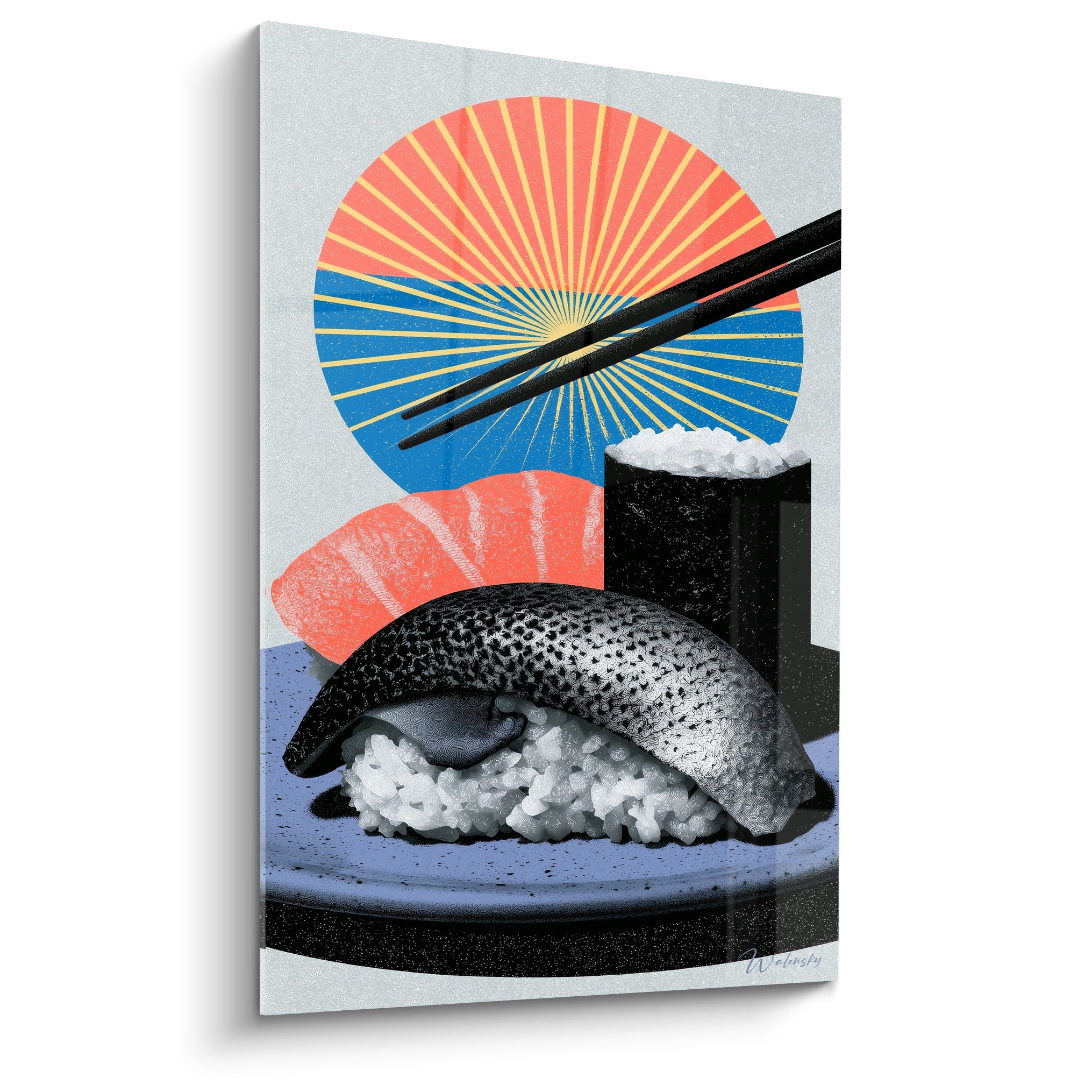 Sushi corail et bleu marine sous un soleil levant graphique, baguettes noires suspendues au-dessus des pièces