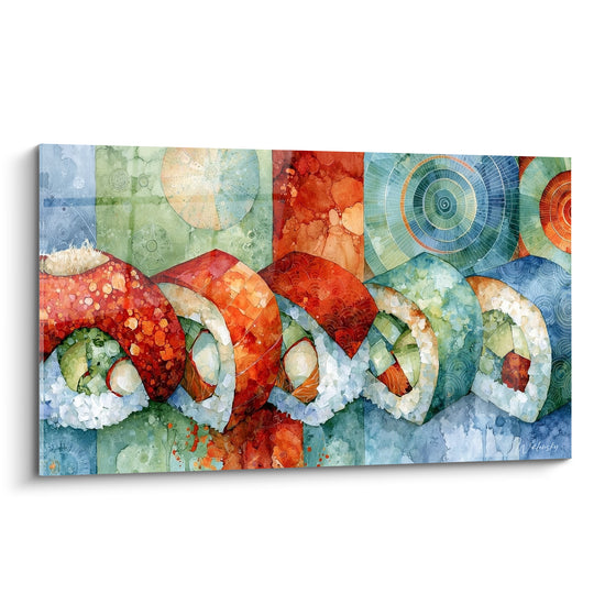 Sushis empilés en corail et vert sauge, composition aquarelle aux motifs circulaires bleutés