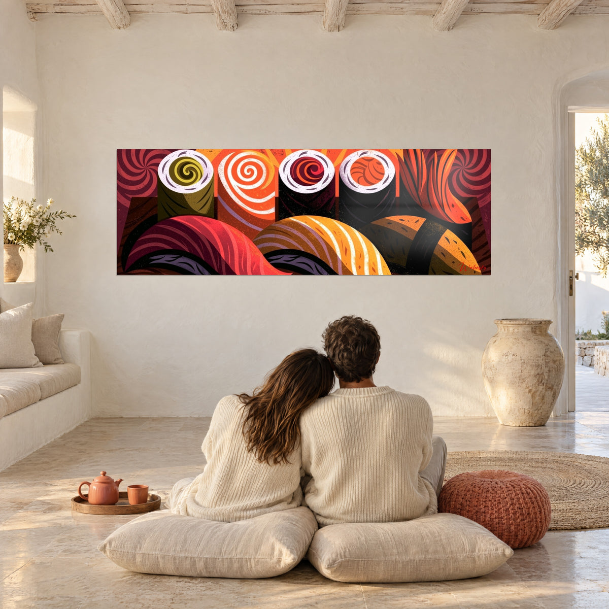 Wall art blazing sushi gradient, vivid orange spirals on deep burgundy, couple seen from behind on cushions in a Mediterranean living room
