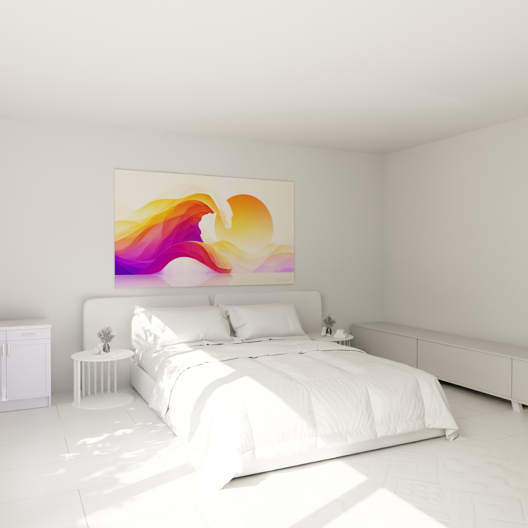 Courbe abstraite sushi rose et dorée au-dessus d'un lit dans une chambre claire