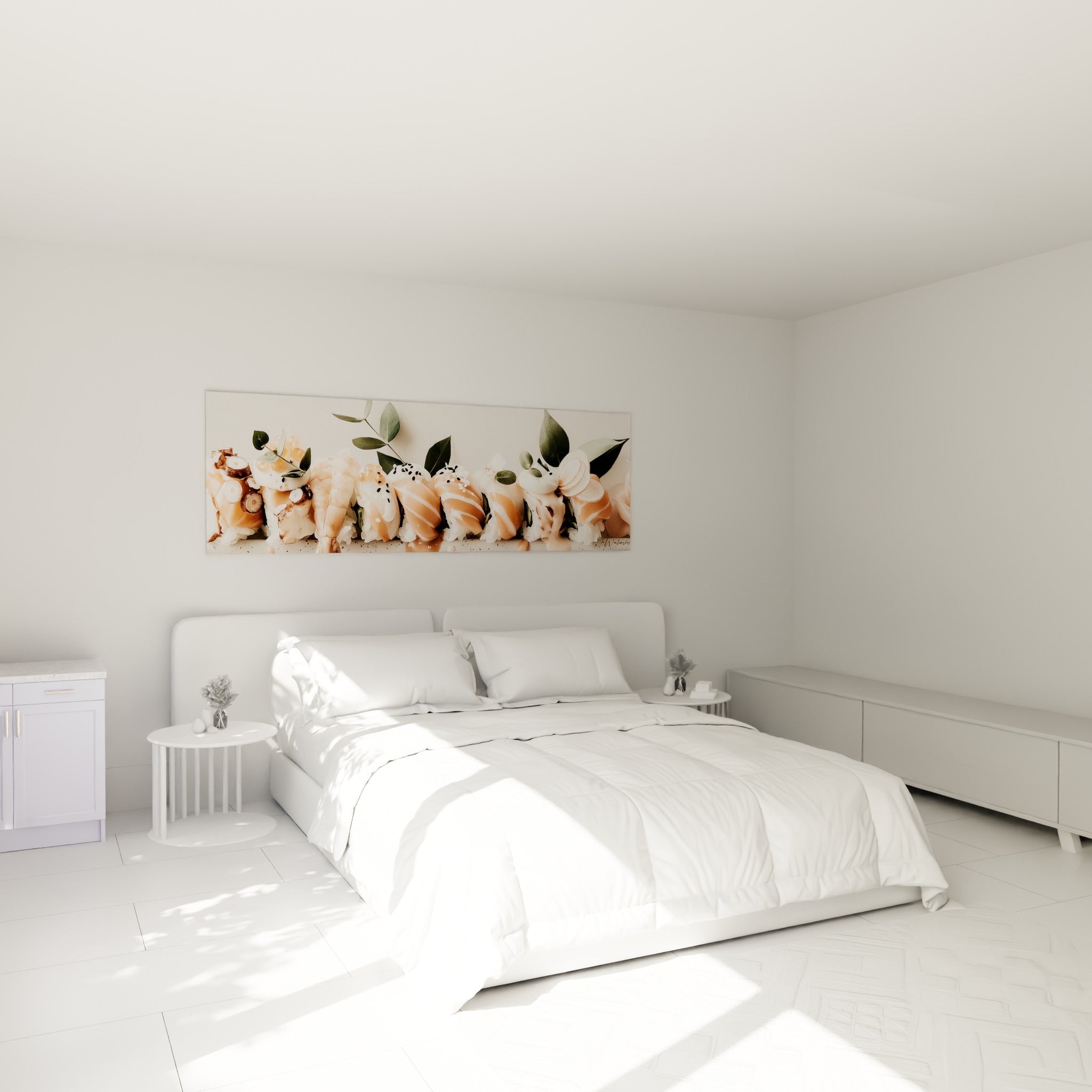 Rangée de sushis roses et crème avec feuillage vert, accrochée au-dessus d'un lit dans une chambre claire