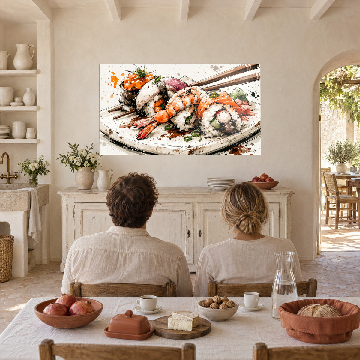 Cuadro plato japonés en acuarela, rollos de arroz blanco, gamba naranja, aros de cebollino verde, pareja de espaldas en un comedor