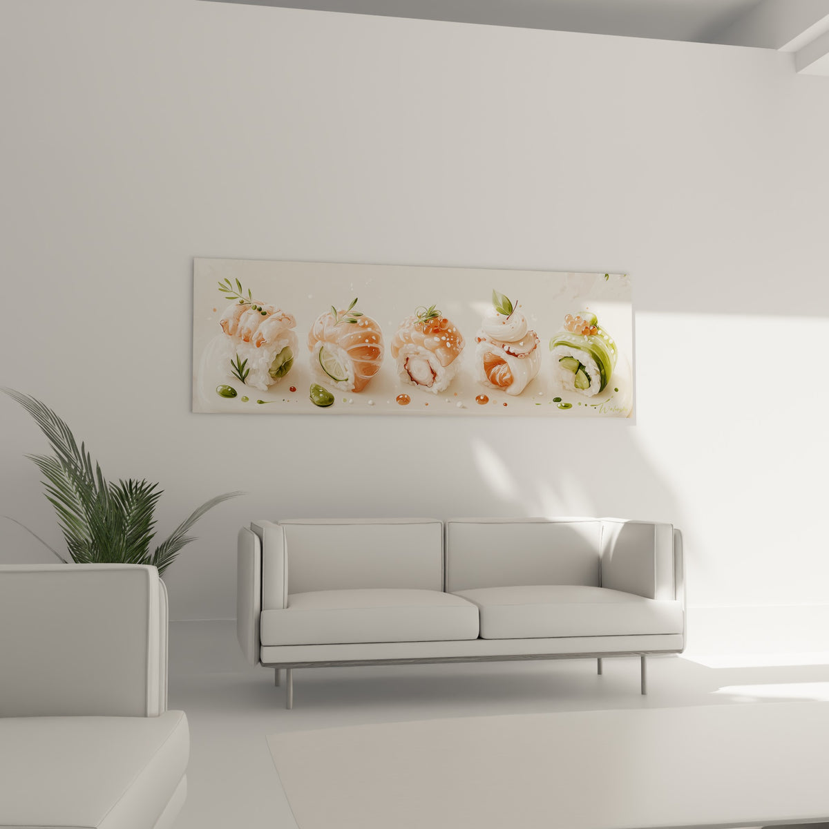 Rangée de makis crème et saumon au-dessus d'un canapé dans un salon lumineux