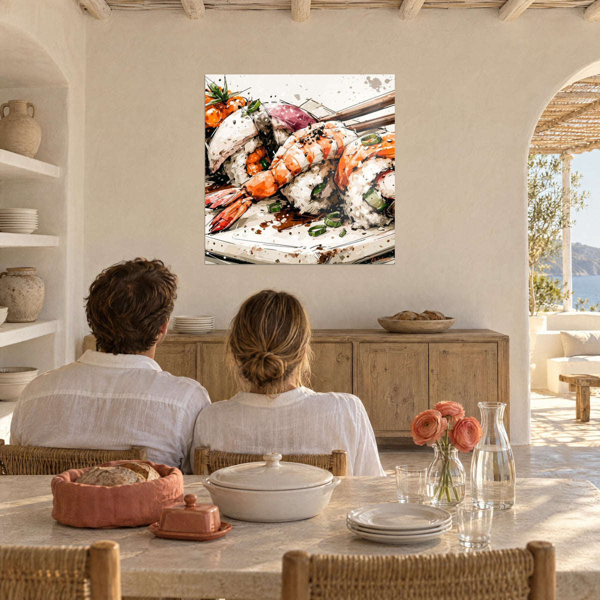 Gemälde Sushi-Häppchen mit leuchtend orangefarbener Garnele, weißer Reis mit schwarzem Sesam gesprenkelt, Holzstäbchen, mediterranes Esszimmer