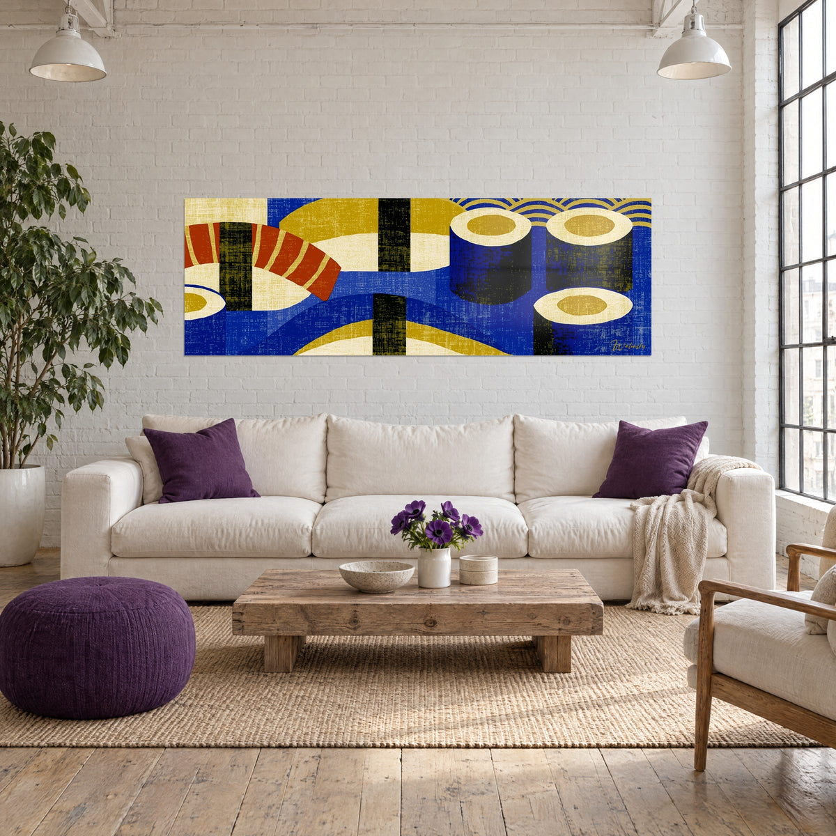 Wall art nigiri with orange-striped shrimp on textured cobalt blue and gold background, waves at the top, above a sofa in a bright living room