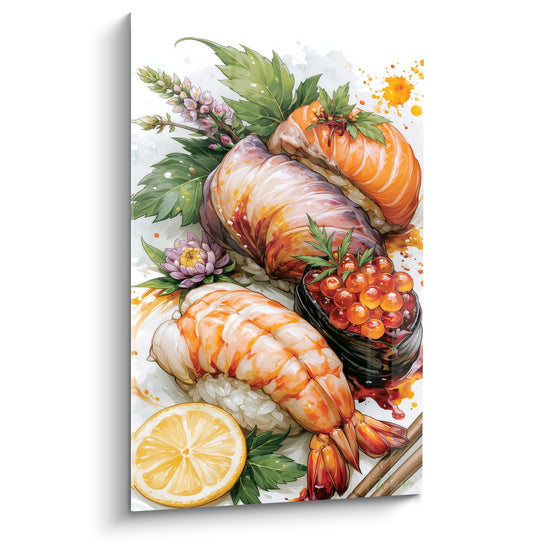 Tableau Nigiri crevette orange et blanc au citron - Œufs de saumon et fleurs - Edition Sushi