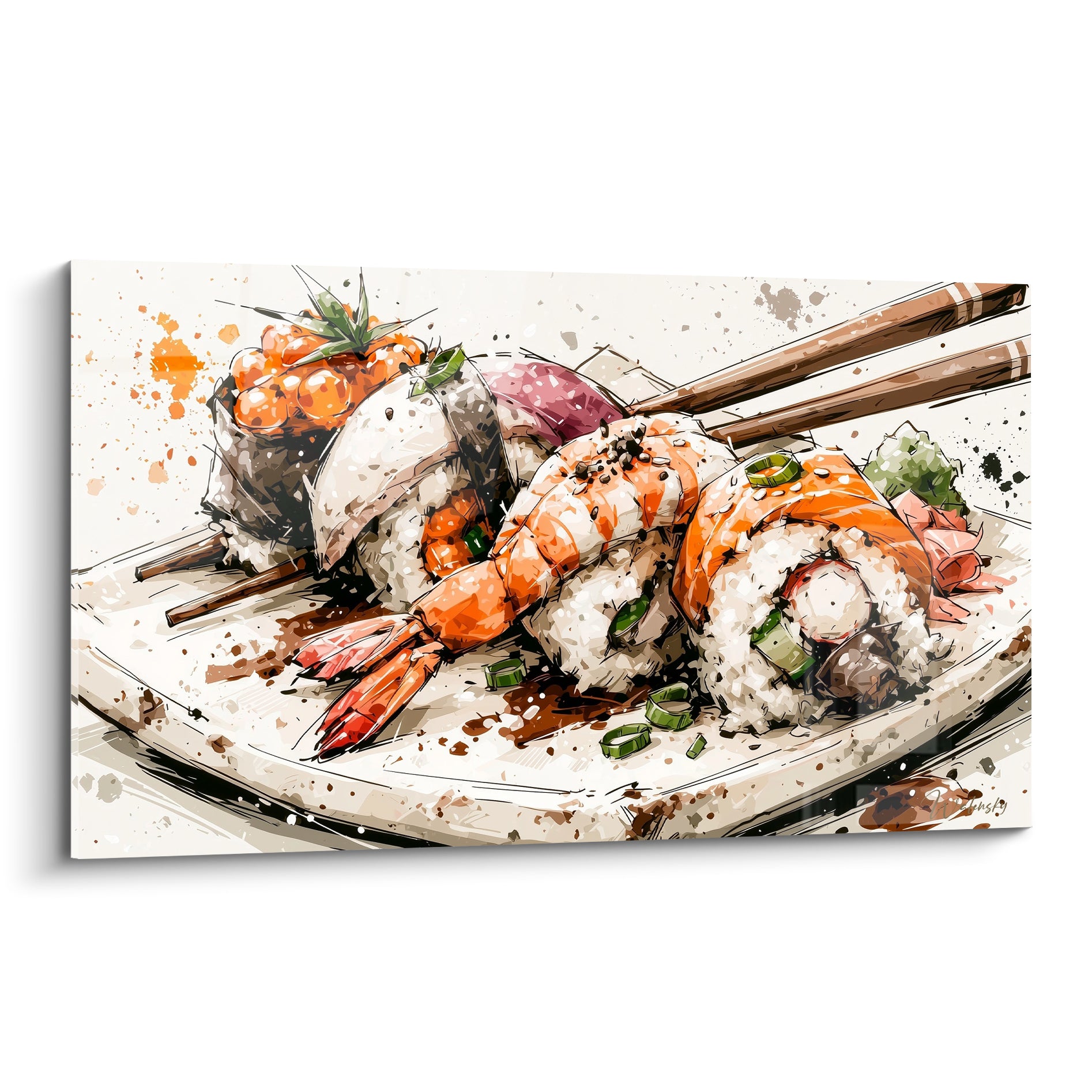 Rouleaux de sushi orange et blanc avec crevette tempura, éclaboussures brunes en aquarelle expressive