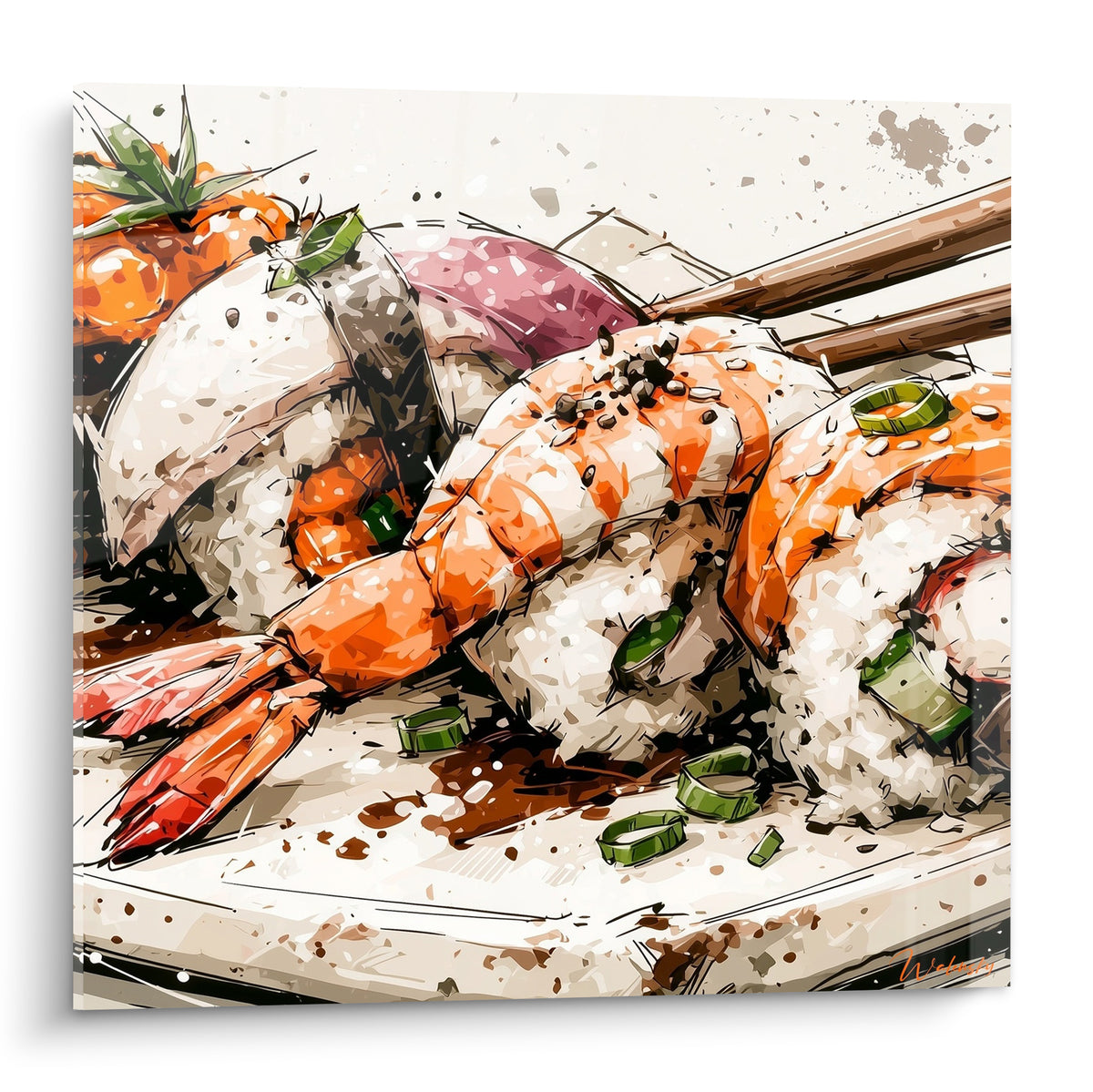 Crevettes grillées orange et riz blanc composent ce tableau sushi en style aquarelle éclaboussée