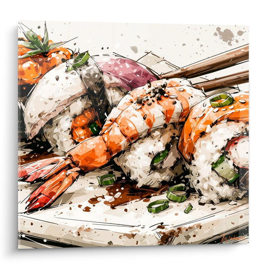 Crevettes grillées orange et riz blanc composent ce tableau sushi en style aquarelle éclaboussée