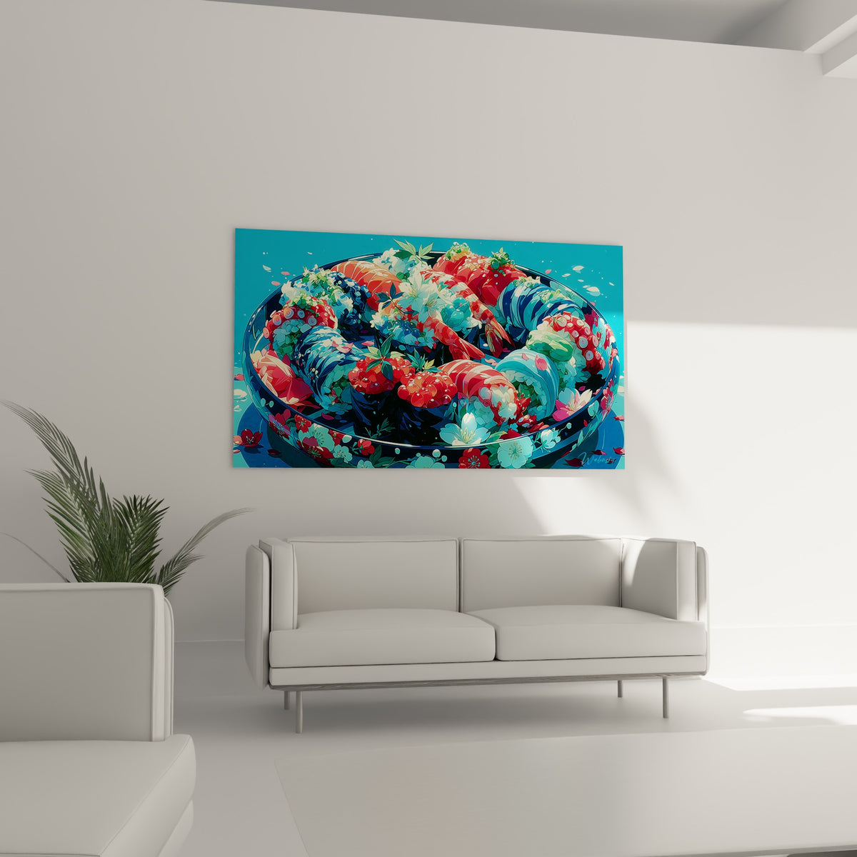 Crevettes et poulpe zébré bleu marine et rouge disposés au-dessus d'un canapé dans un salon lumineux