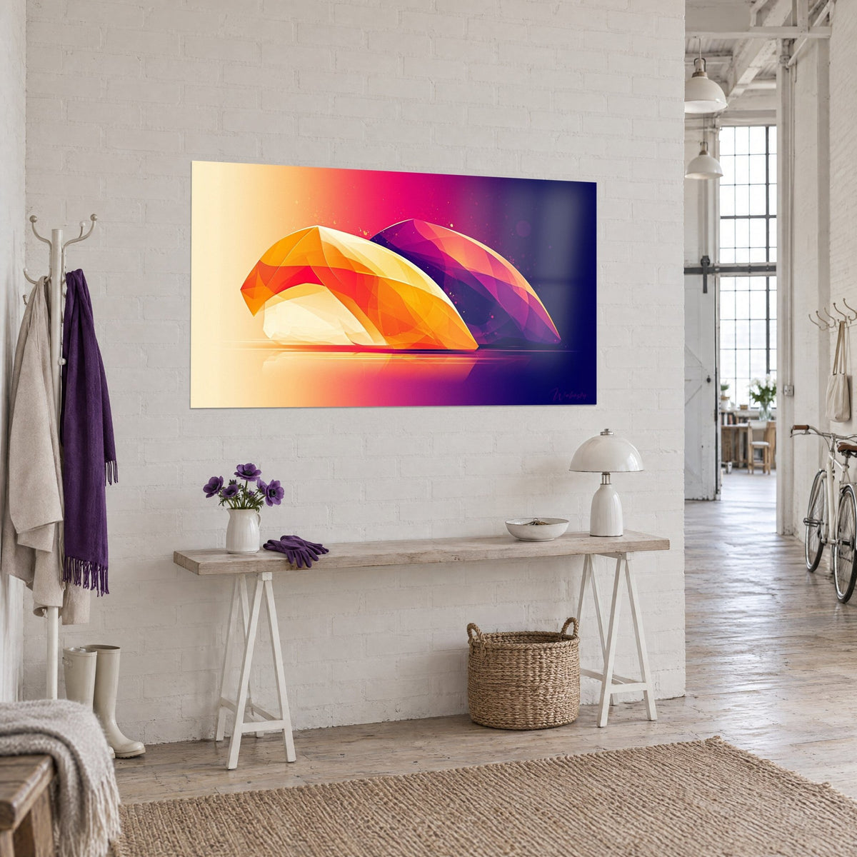 Schilderij geometrische sushi met een verloop van crème naar indigo, twee gespiegelde veelhoekige delen, op de witte muur van een kunstenaarsloft