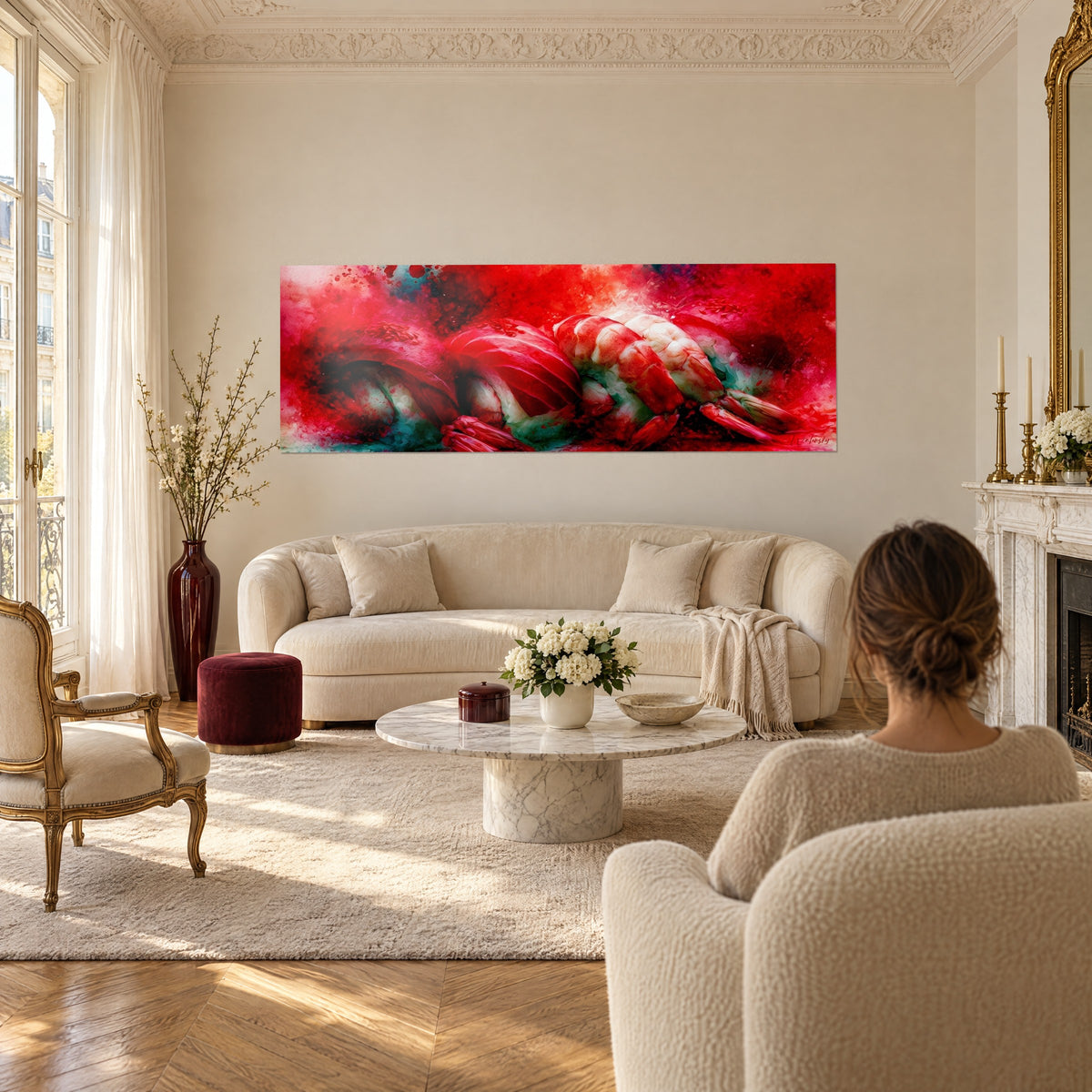 Cuadro nigiri de gamba roja y blanca sobre fondo escarlata, visto por una mujer de espaldas, encima de un sofá en un salón luminoso
