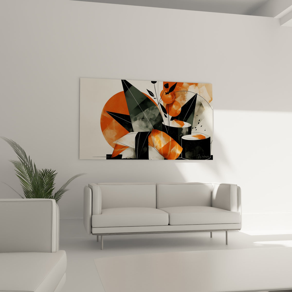 Éclats triangulaires orange et anthracite d'un décor sushi, au-dessus d'un canapé dans un salon lumineux