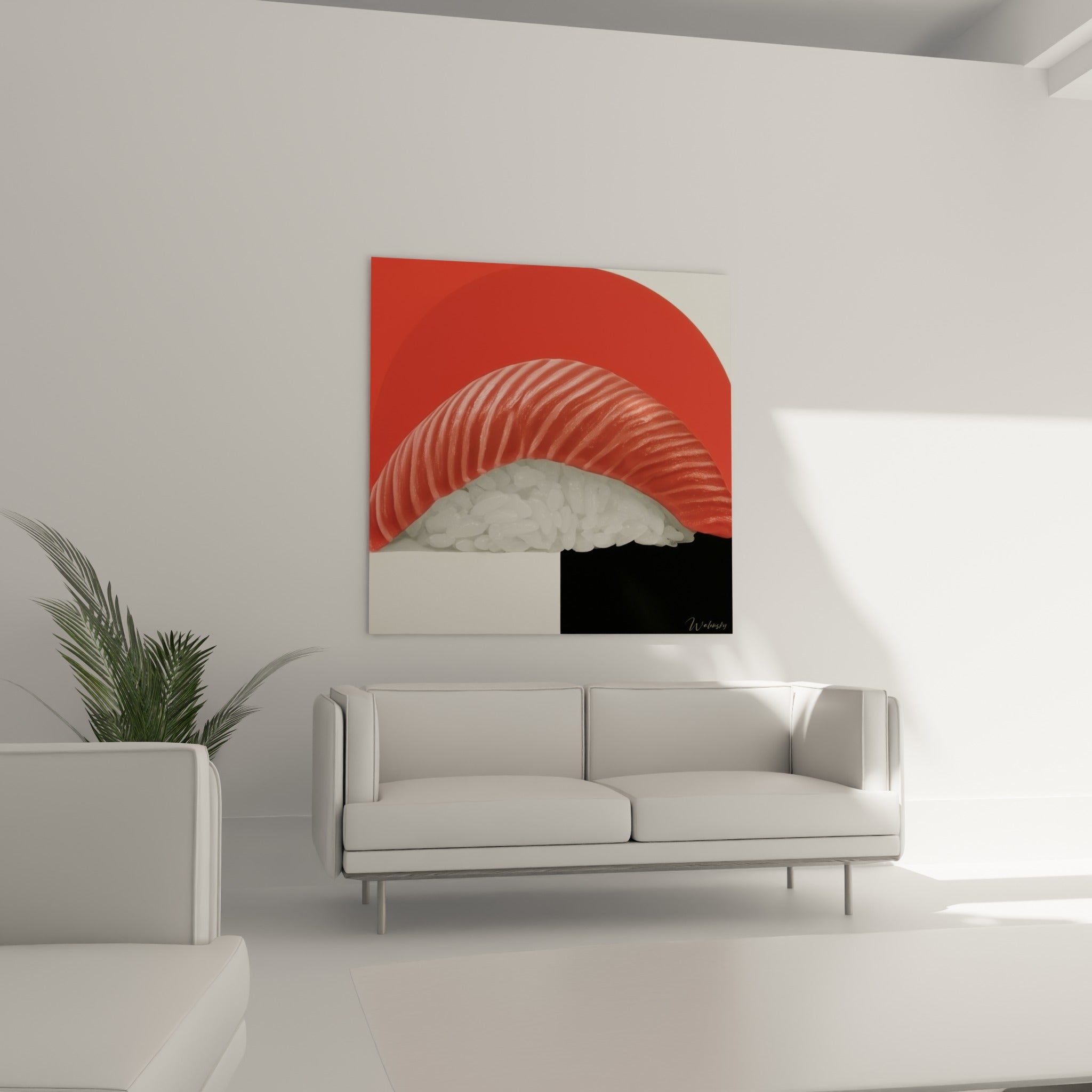 Chair striée rouge vif et riz blanc nacré, tableau suspendu au-dessus d'un canapé dans un salon lumineux