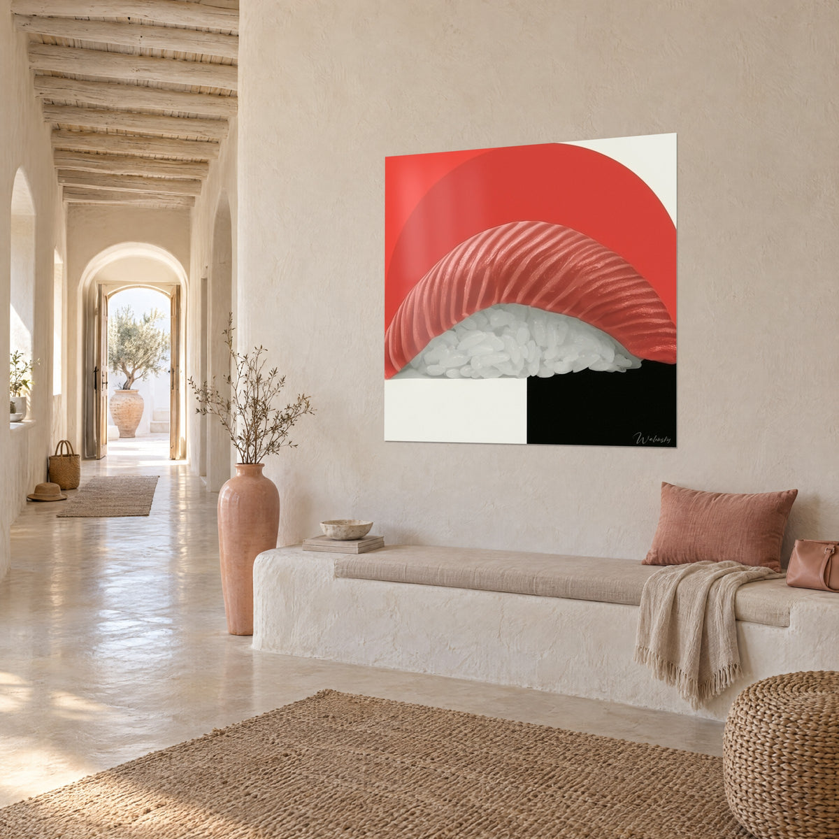 Graphic sushi wall art with pale pink stripes on a coral background, ivory rice and solid black shape, three-quarter view in a vaulted hallway
