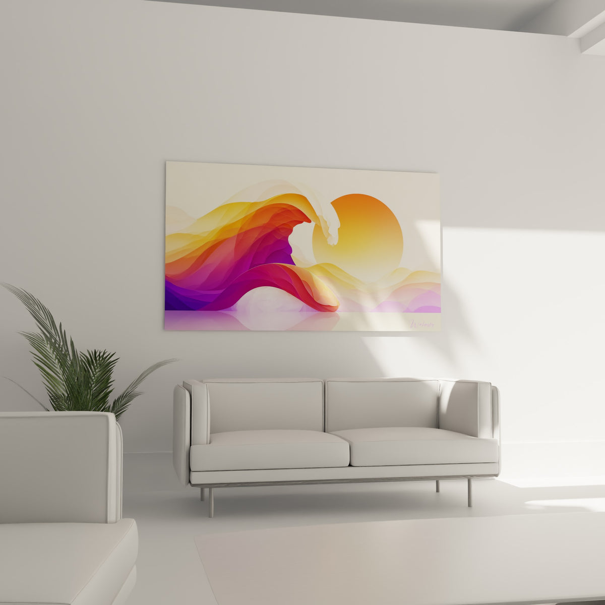 Dégradé sushi magenta et orange au-dessus d'un canapé dans un salon lumineux