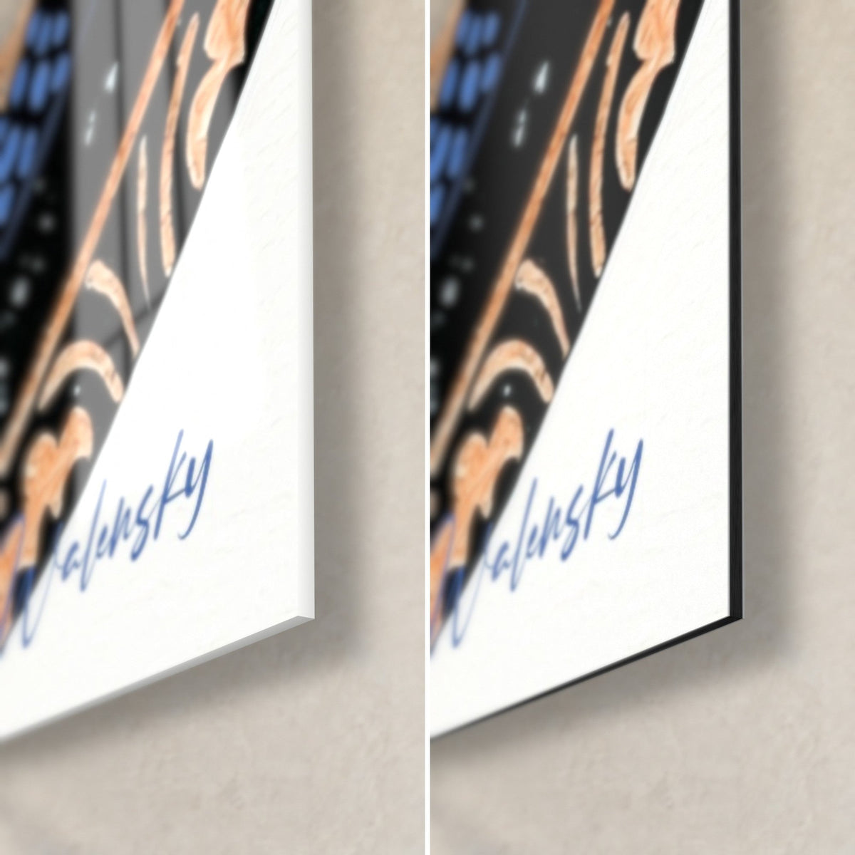 Wall art linocut of a fish speckled in blue and orange, bottom right corner, Walensky signature, glossy glass and matte Dibond