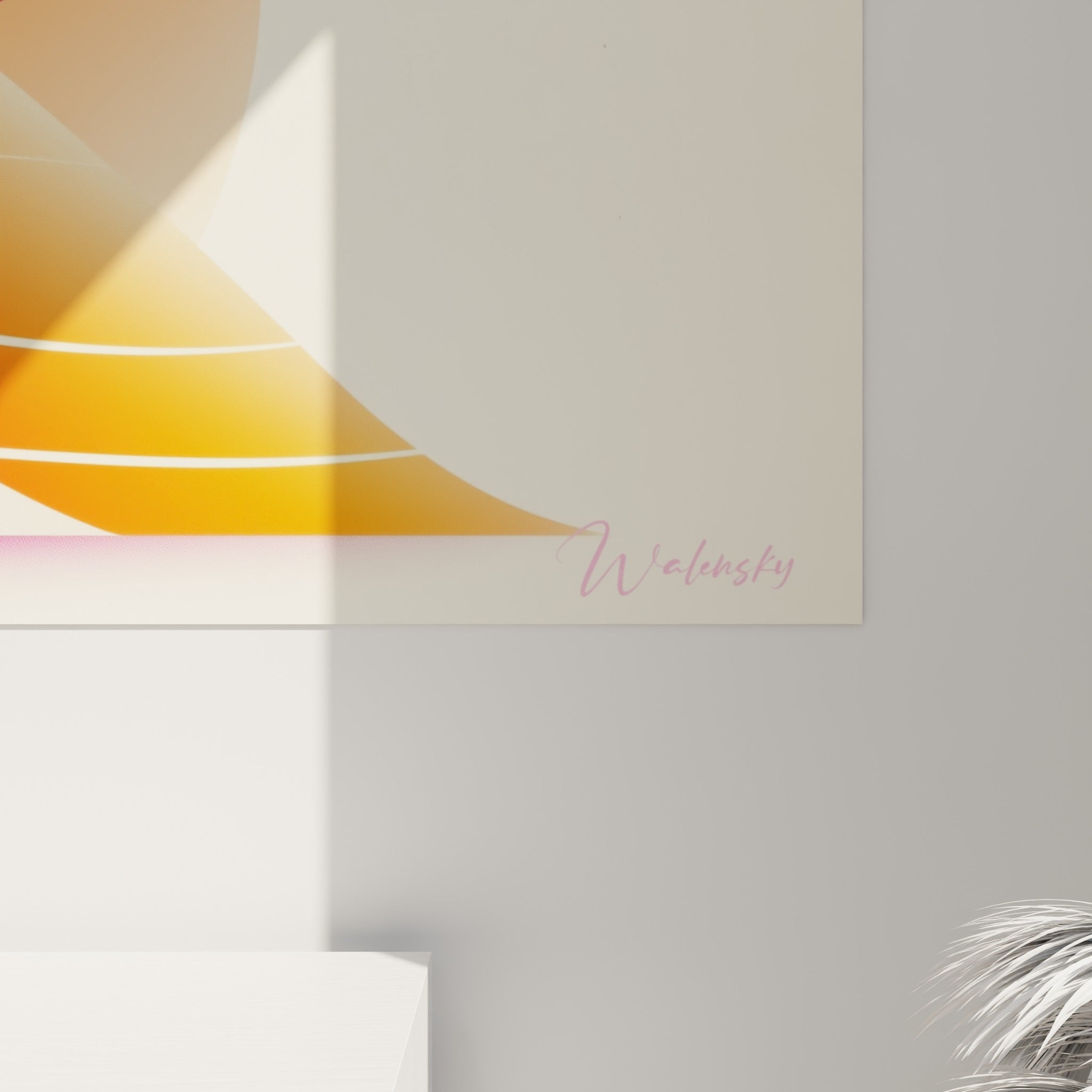 Détail des dégradés orange et violet du tableau sushi, lignes blanches fines et baguettes rouges rapprochées