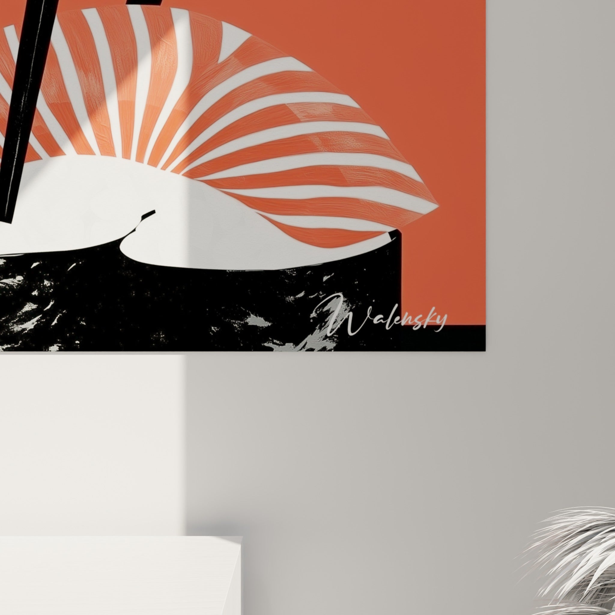 Détail des rayures noires et blanches du maki et de l'aplat corail sur la toile imprimée