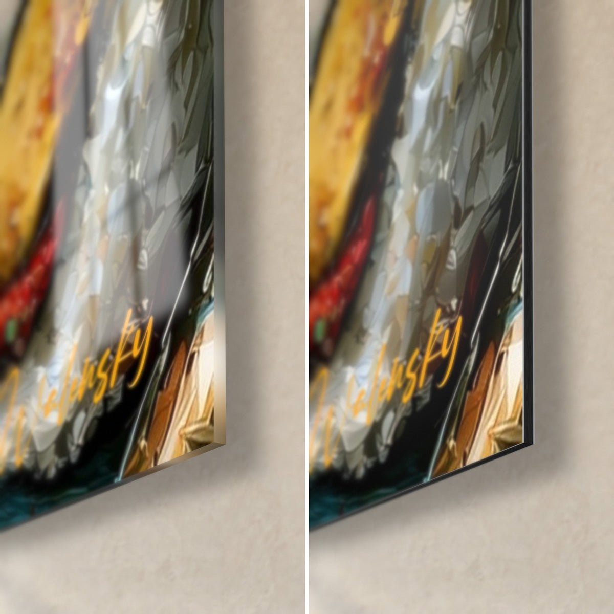 Wall art textured sushi, bottom right corner: glossy glass on the left, matte Dibond aluminium on the right, 3 mm thick, white and yellow rice