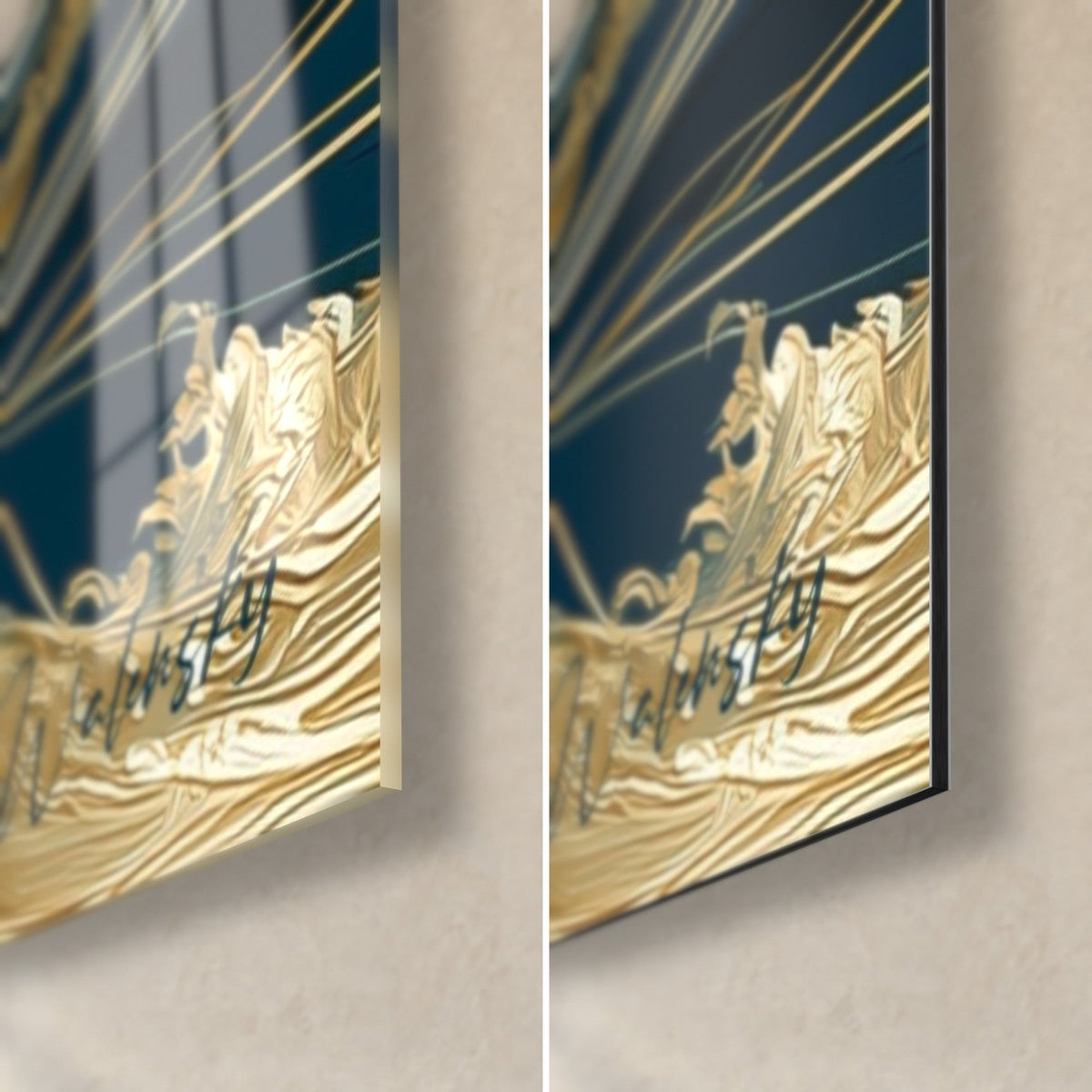 Quadro barca di sushi rossa e oro su onde blu navy, angolo in basso a destra: vetro acrilico lucido a sinistra, alluminio Dibond opaco a destra, spessore 3 mm