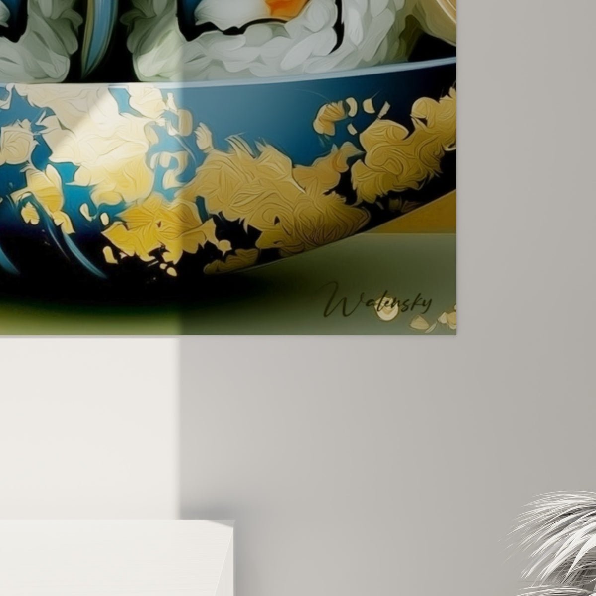 Détail des empâtements dorés et coulures bleu nuit sur la toile représentant des makis japonais