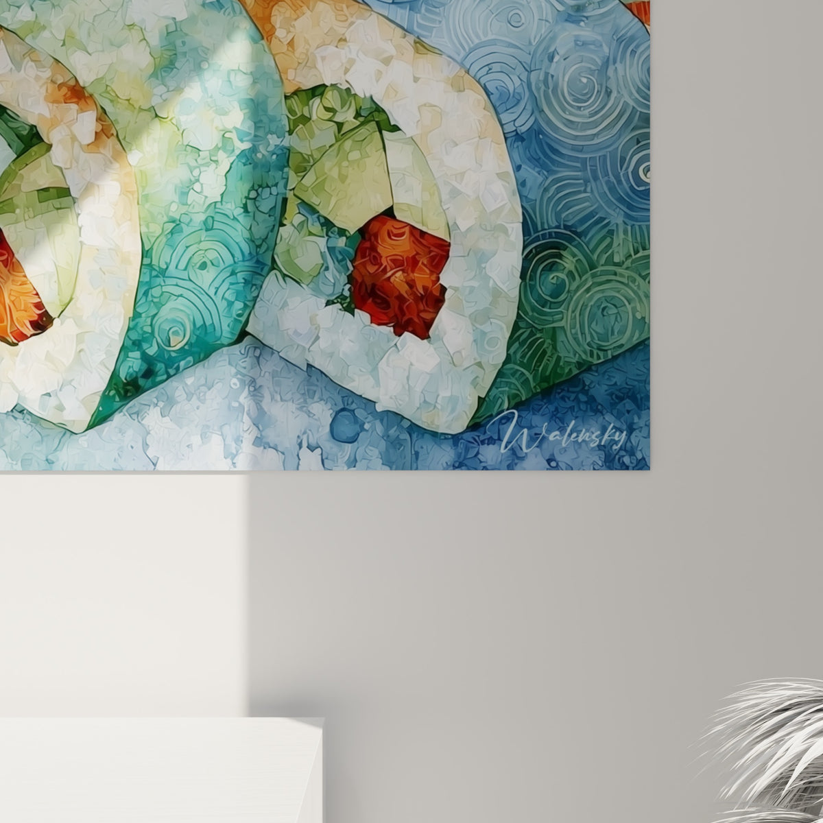 Détail des textures aquarelle sur les makis, empâtements blancs et éclaboussures rouge et vert visibles de près