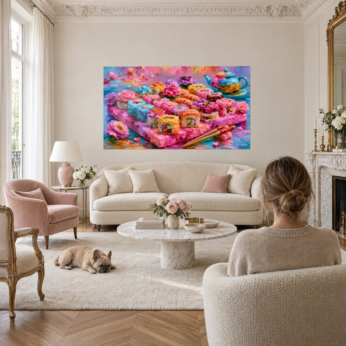 Wall art of a candy-pink and turquoise-blue sushi arrangement, rice roses and teapot, above a sofa in a bright living room