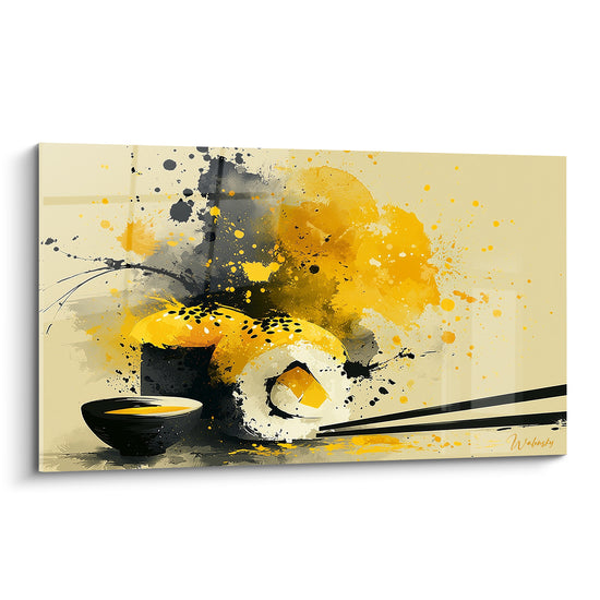 Sushi doré et noir éclaboussé, bol de sauce soja et baguettes sur fond beige crème