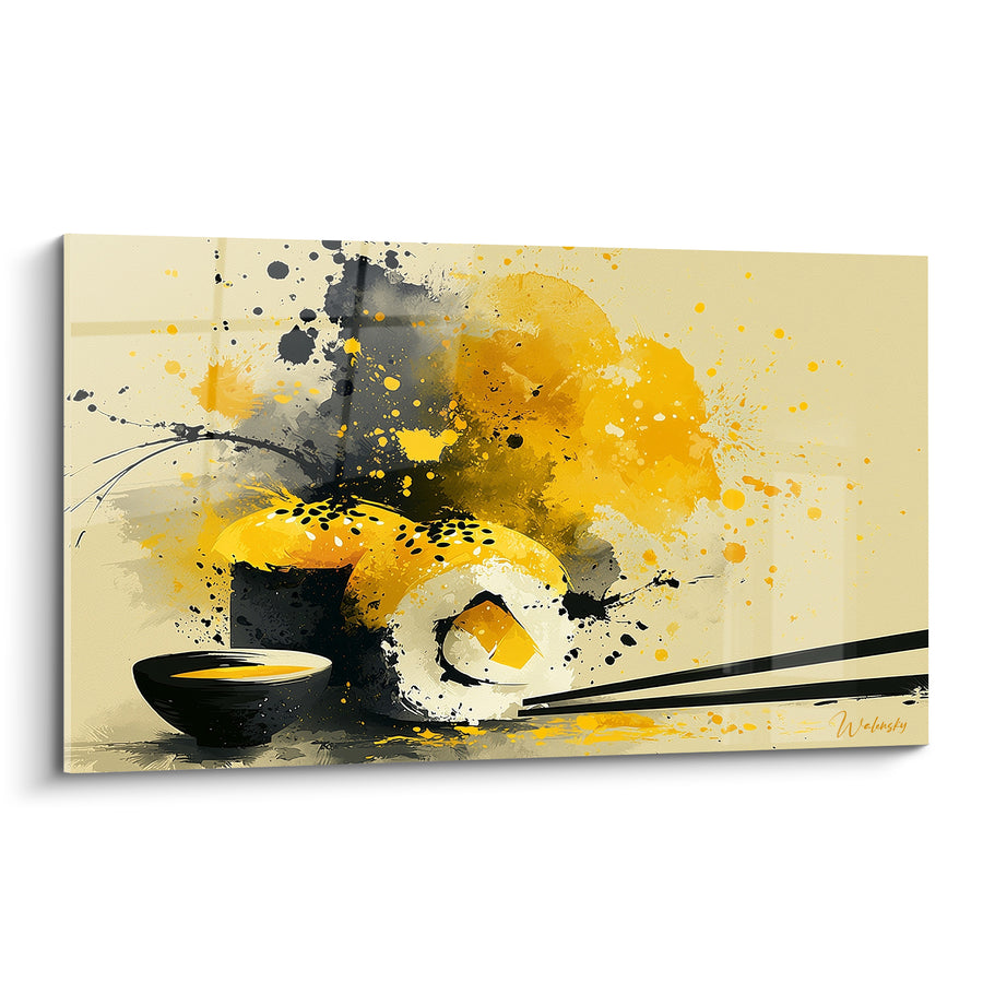 Tableau Sushi roll jaune et noir aux graines de sésame - Bol de sauce doré - Edition Sushi