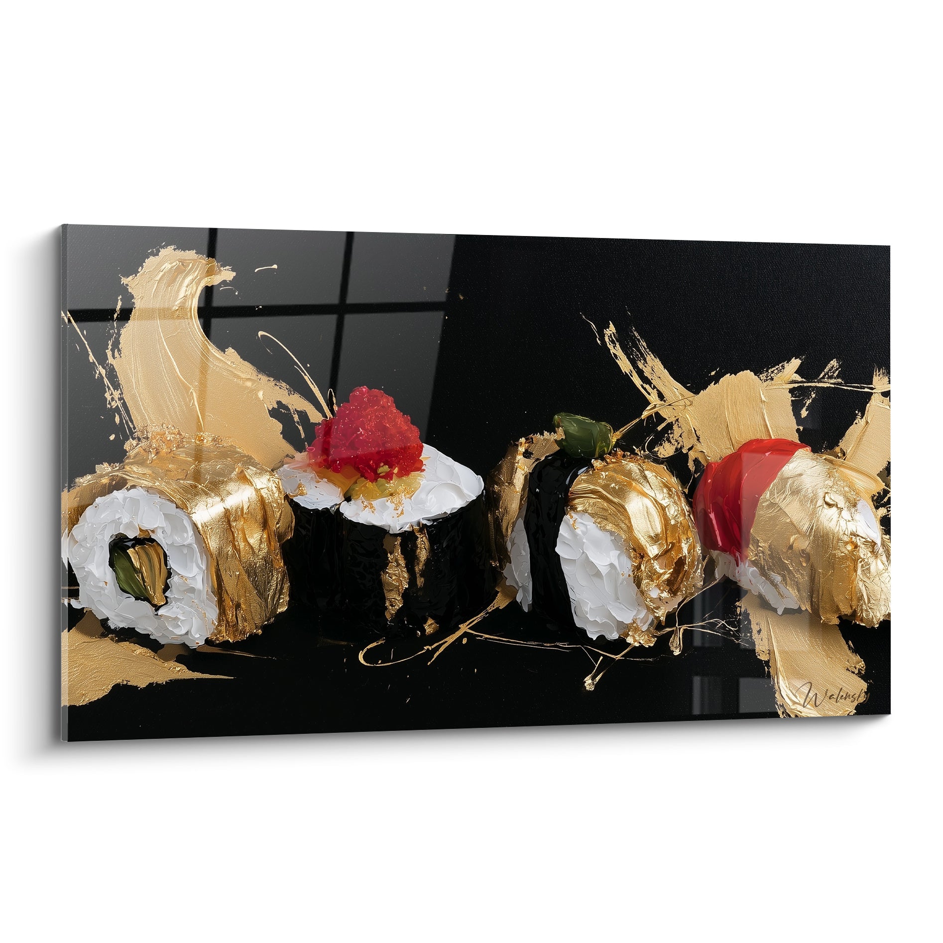 Sushis dorés et noirs aux touches rouges vives, peinture texturée en empâtements sur fond sombre
