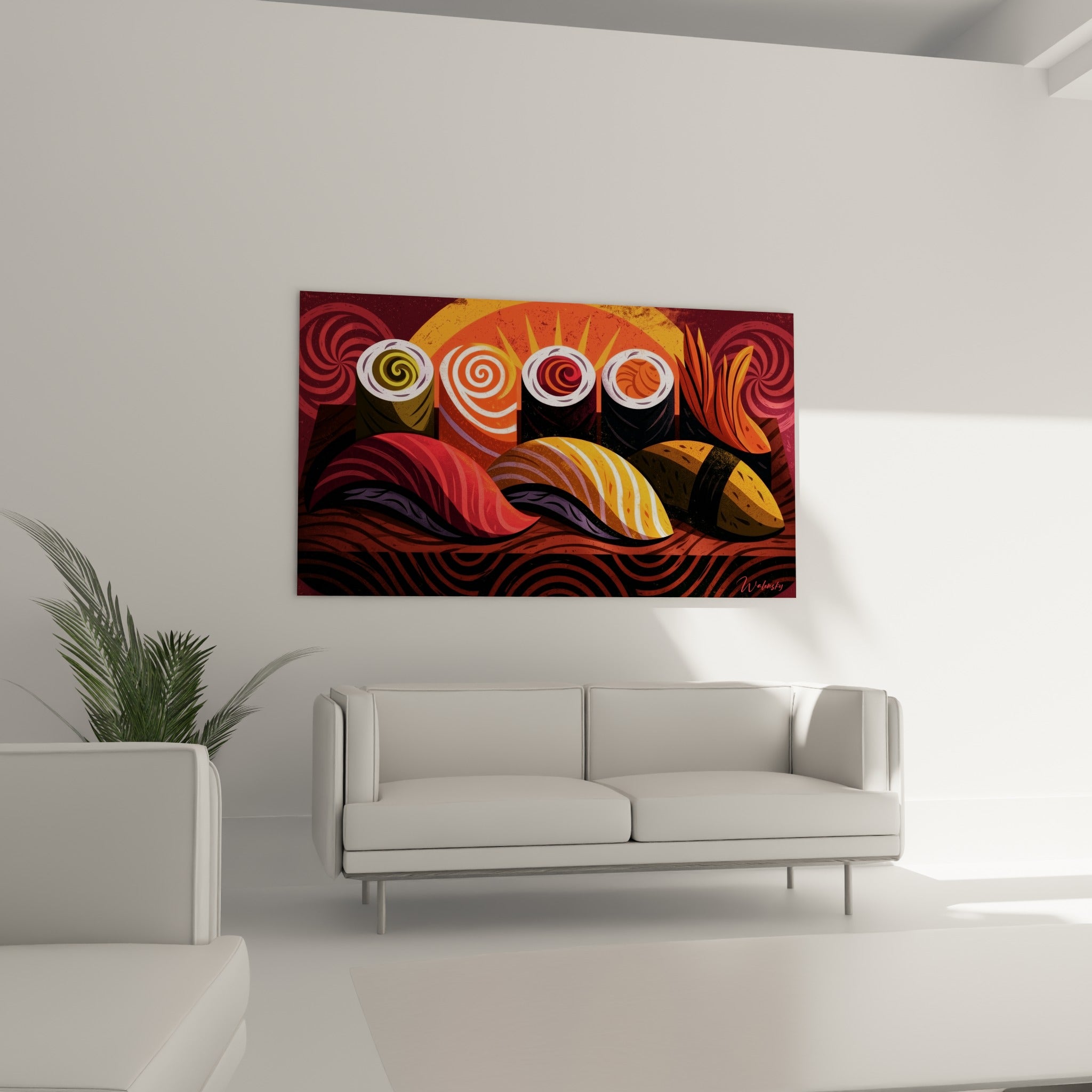 Plateau de sushi coloré rouge et doré disposé au-dessus d'un canapé dans un salon lumineux