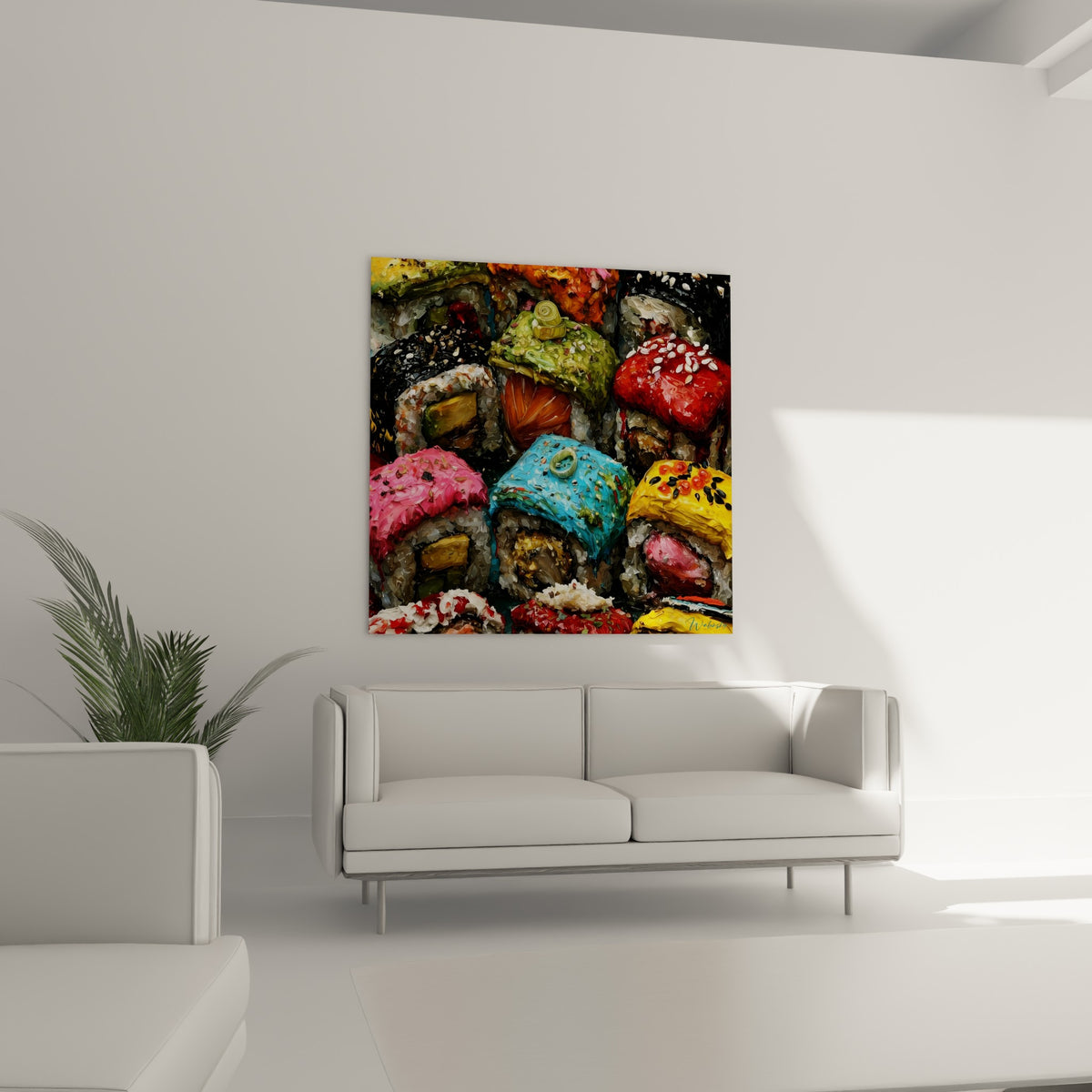 Plateau de sushis dorés et roses disposé au-dessus d'un canapé dans un salon lumineux