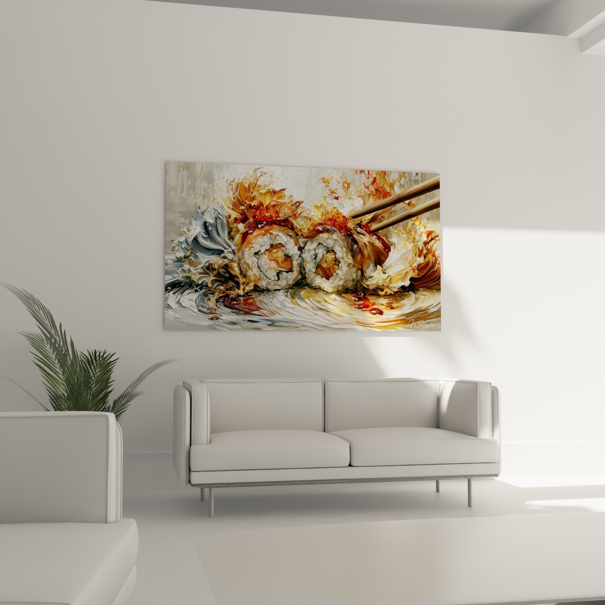Sushi doré et blanc aux coulures de sauce brune, disposé au-dessus d'un canapé dans un salon lumineux