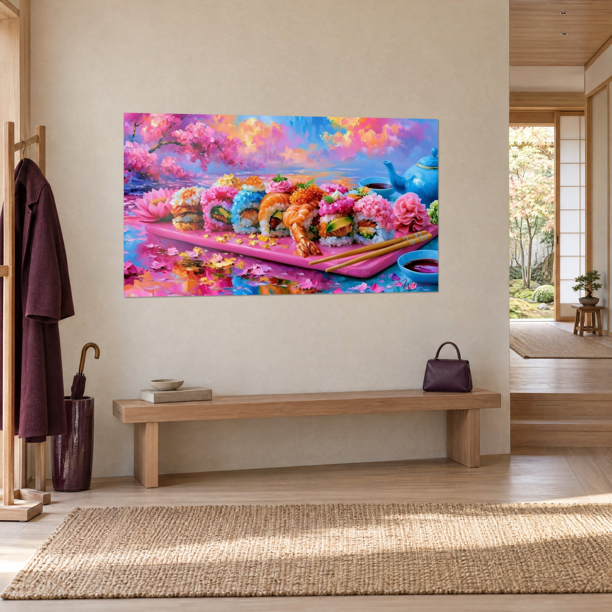 Quadro di banchetto di maki ricoperti di fiori rosa, cielo arancione e laguna blu, parete beige accanto a una panca japandi in legno chiaro