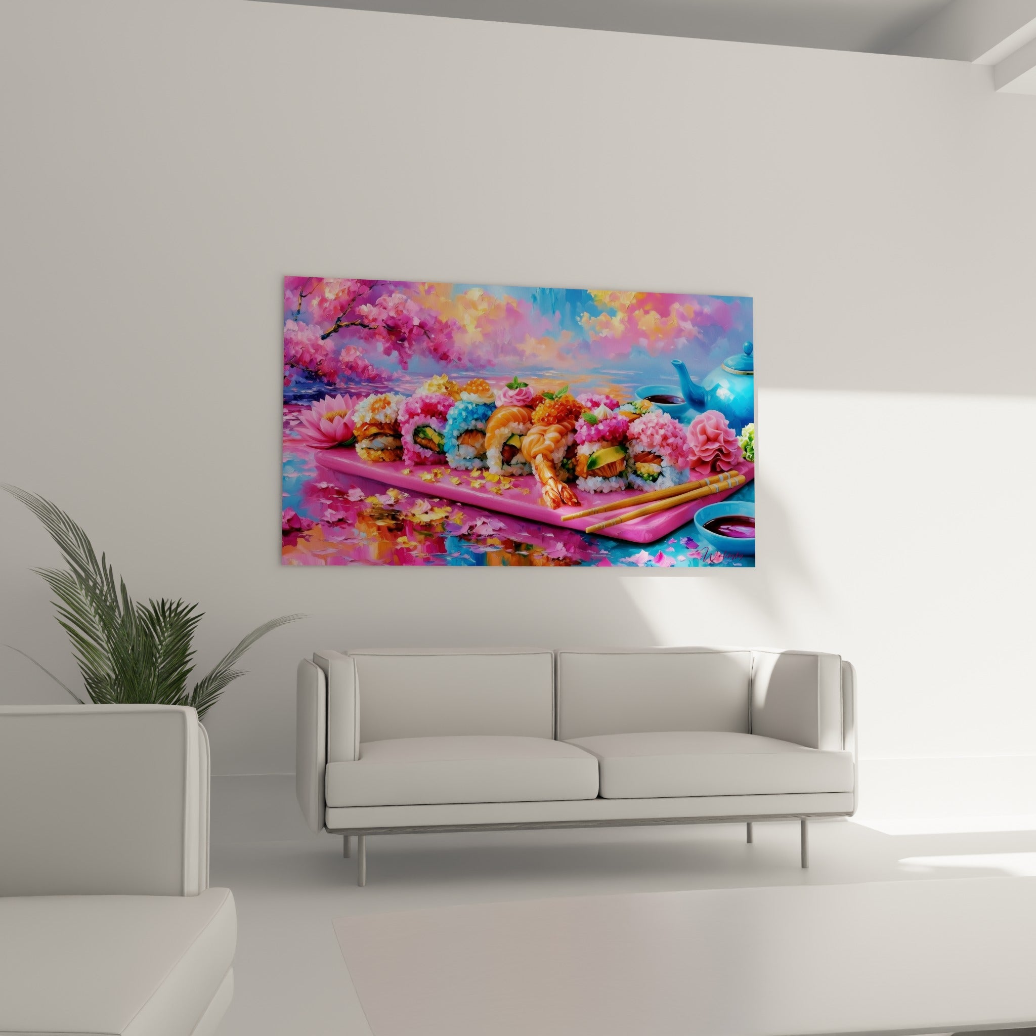 Rouleaux de sushi dorés et roses avec théière bleue, au-dessus d'un canapé dans un salon lumineux