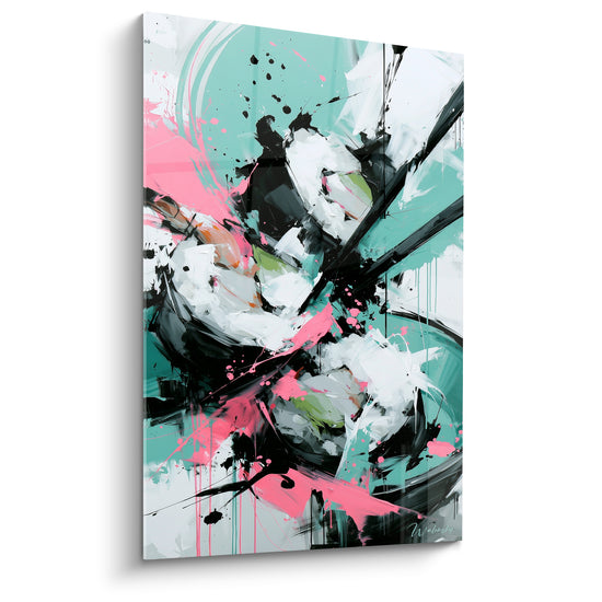 Tableau Sushi abstrait turquoise et rose éclaboussé de noir - Coulures de peinture vive - Edition Sushi