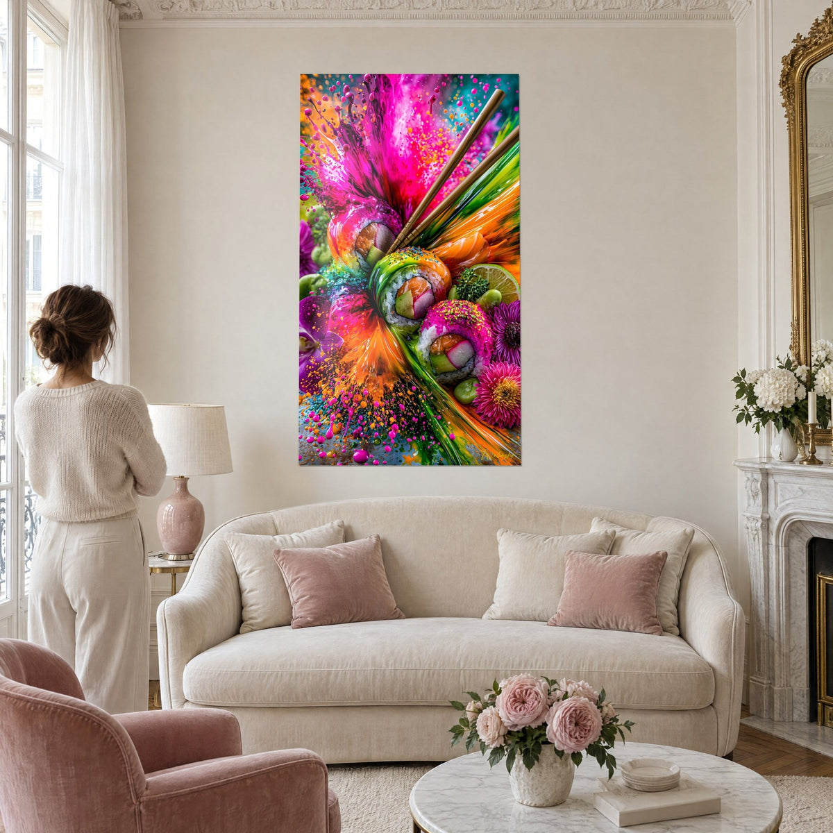 Quadro maki di salmone e avocado in un'esplosione di fucsia e arancio, bacchette di bambù, sopra un divano in un soggiorno luminoso