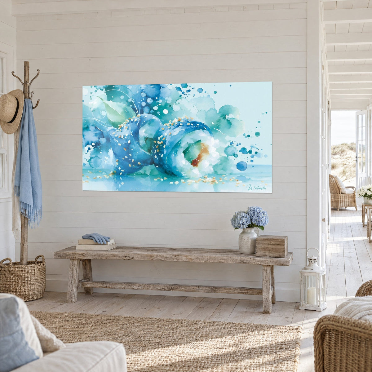 Wall art azure blue rice roll with golden seeds and orange heart, in watercolour, on a white panelled wall beside a bench